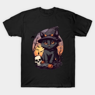 Halloween and cat, cute black cats with witch and cool hat for Halloween season, watercolor style T-Shirt